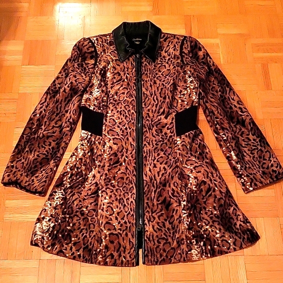 NWOT Faux-Fur Leopard Print Swing Coat, Faux-Leather Collar, Pockets! Peplum, S - Picture 3 of 17